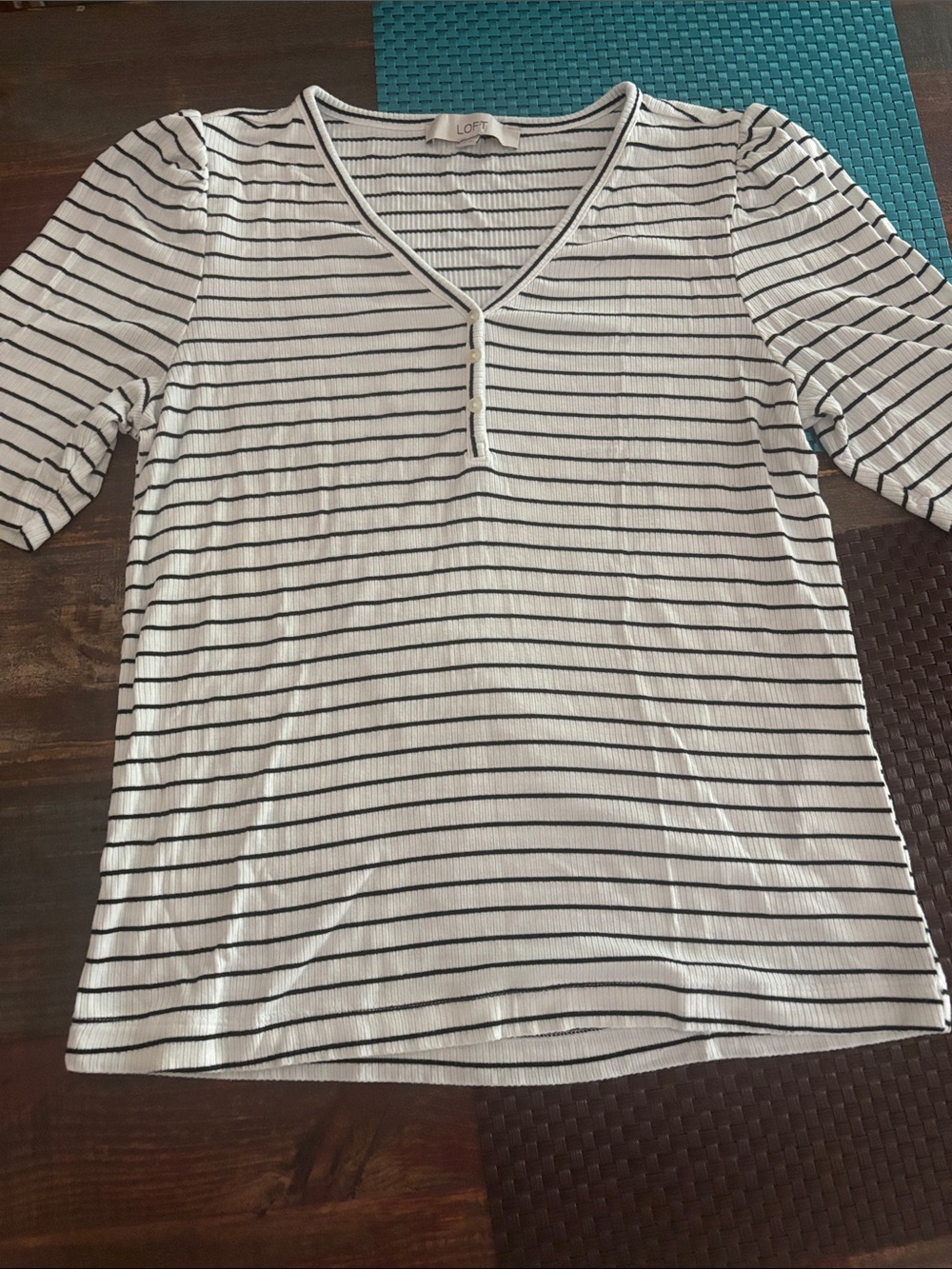 LOFT White and Black Striped V-Neck Henley Top